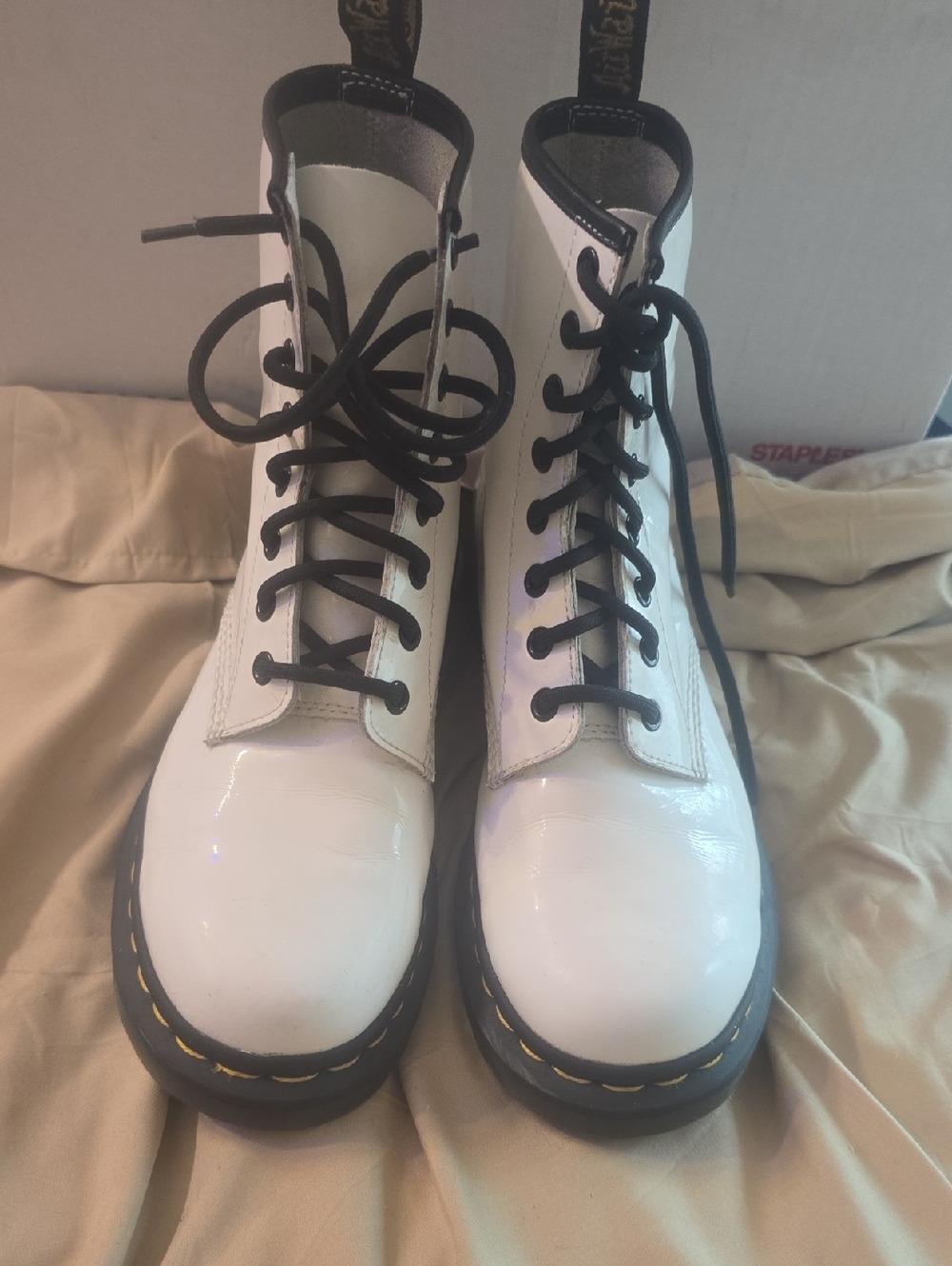 Worn Once These Dr. Martens White Patent Lace-Up Combat Boots with Black Laces